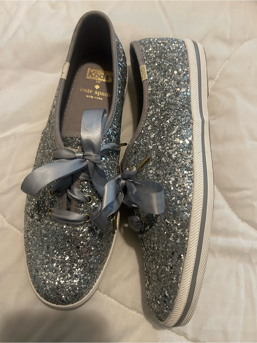 kate spade Silver Glitter Ribbon Lace-Up Sneakers
